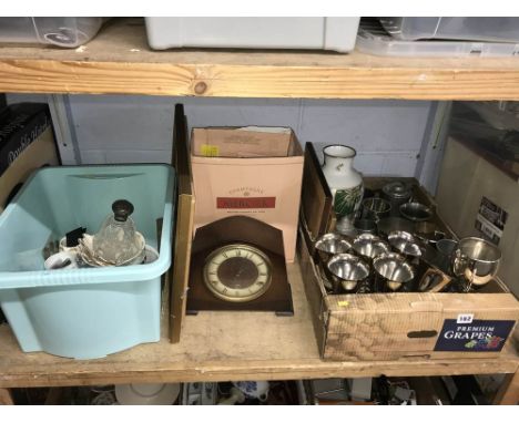 Shelf of assorted including silver top scent bottle