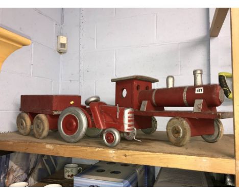 Wooden train and tractor