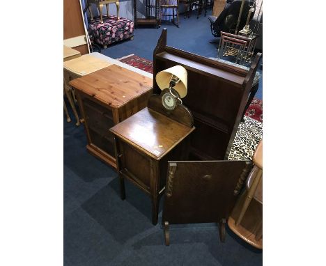 Oak bedside cabinet, shelf unit, hi-fi cabinet and a firescreen