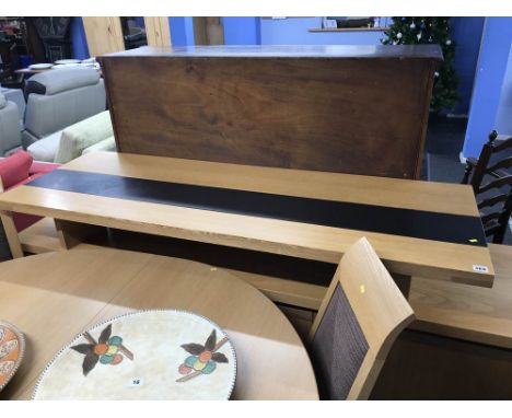 A Terence Conran light oak low coffee table, with central slate strip and angled feet, L 160cm, W 55cm, H 22cm