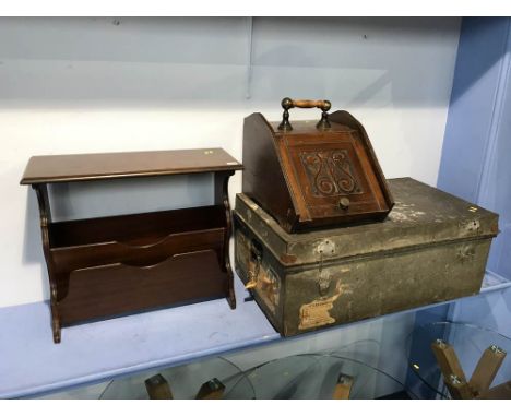 Coal scuttle, magazine rack and a tin trunk