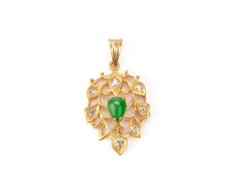 A JADE AND DIAMOND PENDANT
The central green heart-shaped jade cabochon within a gold foliate setting set with rose cut diamo
