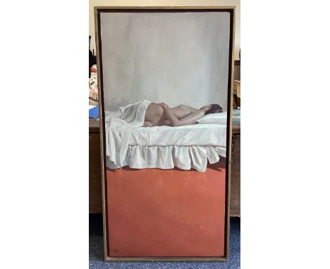 JORGE IZQUIERDO: (American, 21st Century): A large framed oil on canvas depicting a nude on a bed with terracotta carpet. Bar