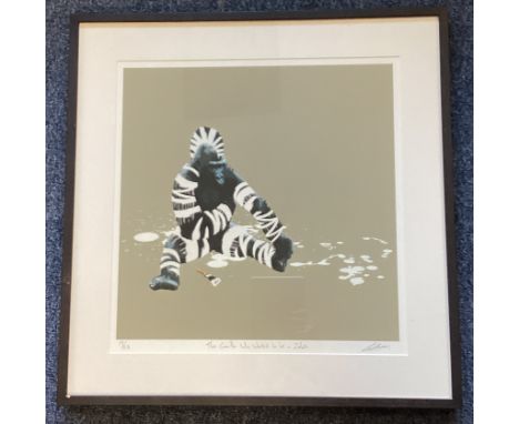 CARL MOORE: (British): A framed and glazed limited edition signed print entitled, "The Gorilla Who Wanted to be a Zebra" depi