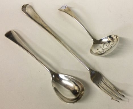 An Edwardian silver sifter spoon together with a preserve spoon and pickle fork. Approx. 71 grams. Est. £30 - £50.