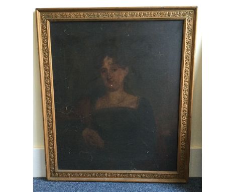 A pair of gilt framed oils on canvases depicting a portrait of a lady and a portrait of a man. Apparently unsigned. Approx. 6