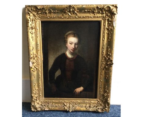 AFTER REMBRANDT: A gilt framed oil on canvas depicting the portrait of "Young Woman at an Open Half-Door". Labelled verso "Ca