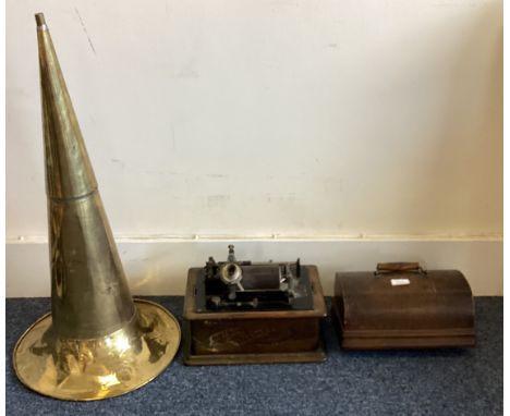 EDISON: A good phonograph in wooden case together with brass horn. Est. £100 - £150. 
