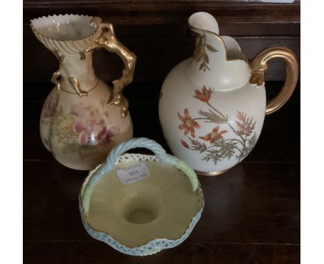 Two Royal Worcester ewers with gilded decoration together with a bon bon dish. Est. £30 - £50.
