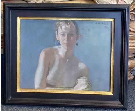 JOHN STANTON WARD: (British, 1917 - 2007): A framed and glazed oil on canvas depicting a portrait of a nude with blue drop ea