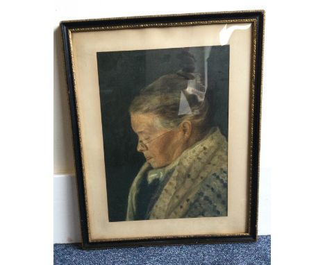 A framed and glazed oil on board depicting the portrait of an elderly lady with eyes closed. Apparently unsigned. Approx. 26 