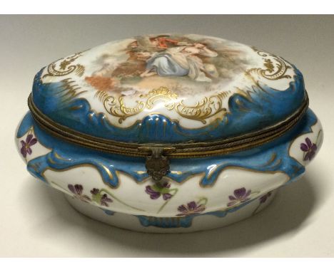 A large Continental porcelain caddy decorated with figures and flowers. Est. £30 - £50.