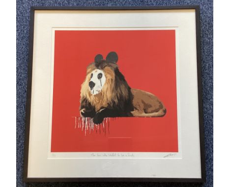 CARL MOORE: (British): A framed and glazed limited edition signed print entitled, "The lion who Wanted to be a Panda" depicti