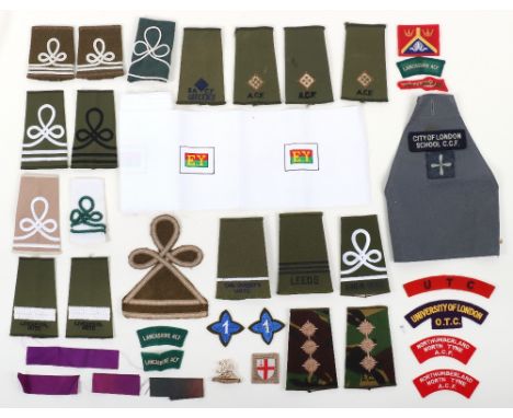 Army Cadet and U.T.C. badges: Mixed cloth shoulder boards, titles and badges, cap badge for University of Wales OTC and more.