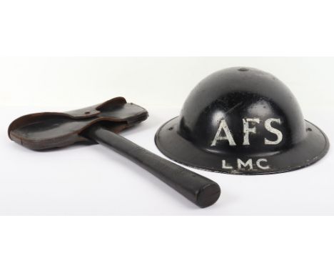 WW2 British AFS helmet and fire axe: Black painted helmet with AFS LMC to front, complete with liner and axe in leather frog.