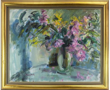 * ANNE MACKINTOSH, MAY BLOSSOM oil on panel, signed 60cm x 77cm Framed and under glass. Label verso: Barclay Lennie Fine Art 