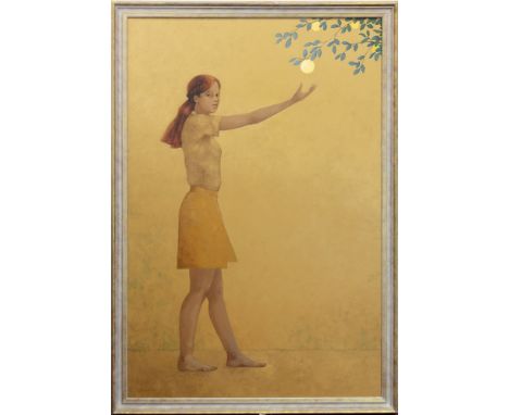 * CLIVE JEBBETT (b 1951), THE GOLDEN APPLE acrylic on canvas, signed and dated '02 135.5cm x 90cm Framed Note: The portrait o