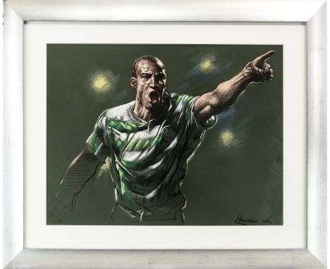 * PETER HOWSON OBE, HENRIK LARSSON, IN CELTIC FC STRIP pastel on paper, signed and dated 2004 46cm x 60cm Mounted, framed and