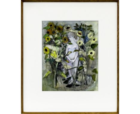 * BRENDA MARK (PHILIPSON) (BRITISH 1922 - 1960), GIRL AND SUNFLOWERS gouache on paper, signed; titled on exhibition labels ve