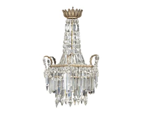 VICTORIAN CUT GLASS HANGING LIGHT19TH CENTURYwith a gilt metal corona and prism swags, above two tiers of cut-glass droplets 
