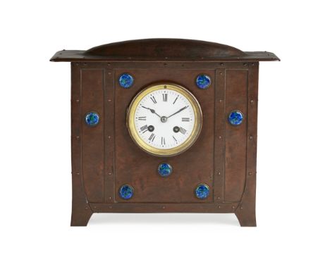 [§] ERNEST ARCHIBALD TAYLOR (1874-1951)SCOTTISH SCHOOL COPPER AND ENAMEL MANTEL CLOCK, DATED 1913the domed and projecting cor