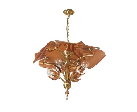 W.A.S. BENSON (1854-1924) ARTS & CRAFTS COPPER AND BRASS CEILING LIGHT, CIRCA 1900the shaped and scrolled copper cowl above f