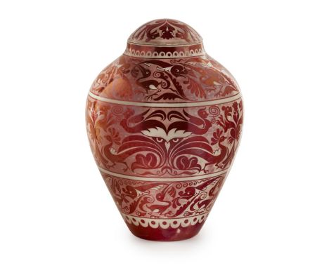 WILLIAM DE MORGAN (1839-1917)RUBY LUSTRE JAR & COVER, CIRCA 1890decorated with bands of exotic birds and foliage, impressed S