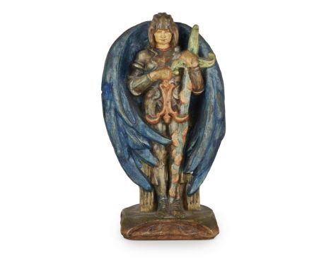 COMPTON POTTERS’ ART GUILD POTTERY FIGURE OF ST MICHAEL, CIRCA 1920painted in tempera, impressed maker’s mark20.5cm highNote: