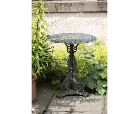 VICTORIAN CAST IRON GARDEN TABLE19TH CENTURYthe pierced circular top, raised on a scrolling tripod base cast with flowers and