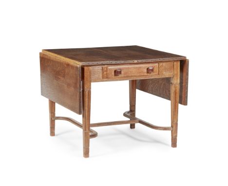 HARRY GREENARTS & CRAFTS OAK DROP-LEAF TABLE, DATED 1926 with opposing drawers with square-set handles, below blind carved tr