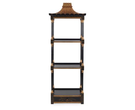 REGENCY STYLE EBONISED AND GILT WALL SHELFMODERNwith a pagoda-style top above three tiers and a single drawer30cm wide, 82cm 