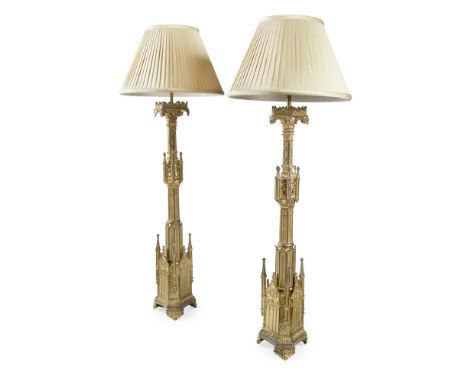 PAIR OF VICTORIAN GOTHIC REVIVAL GILT METAL TABLE LAMPS19TH CENTURYof architectural design, cast as Gothic columns with faux 