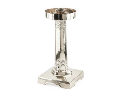 EDWARD SPENCER (1872–1938) FOR THE ARTIFICERS' GUILDELECTROPLATED CANDLESTICK, CIRCA 1910with broad drip tray and faceted col