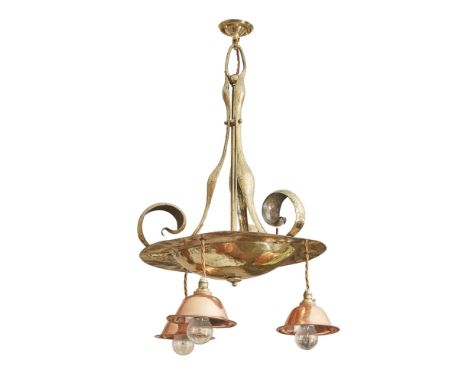 BIRMINGHAM SCHOOLARTS & CRAFTS BRASS AND COPPER CEILING LIGHT, CIRCA 1890the central support with three scrolled brackets and