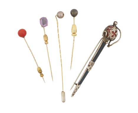 COLLECTION OF GENTLEMAN'S TIE PINScomprising two Tahitian pearl set examples, another set with a coral bead and another set w