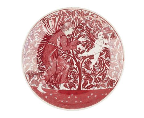 WILLIAM DE MORGAN (1839-1917)RUBY LUSTRE CHARGER, CIRCA 1880decorated with Cupid & Psyche, Cupid shown bearing a flaming torc