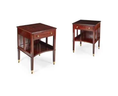 PAIR OF GEORGIAN-STYLE MAHOGANY SIDE TABLESMODERNthe square moulded tops over single drawers and in-curved undertiers, raised