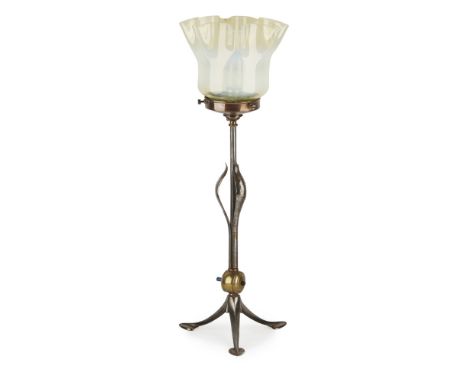 W.A.S. BENSON (1854-1924) ARTS & CRAFTS STEEL AND BRASS TABLE LAMP, CIRCA 1900with frilled Vaseline glass shade, the stem wit