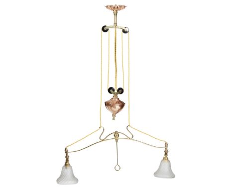 W.A.S. BENSON (1854-1924) ARTS & CRAFTS COPPER AND BRASS RISE AND FALL CEILING LIGHT, CIRCA 1900the serrated ceiling rose abo