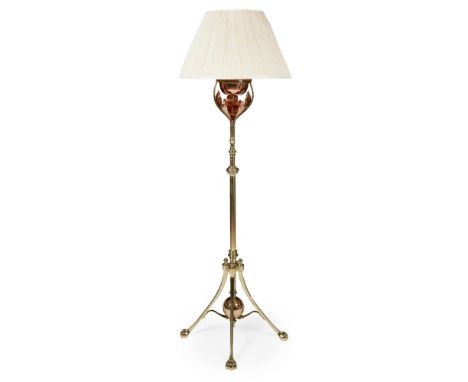 W.A.S. BENSON (1854-1924) BRASS AND COPPER EXTENDING STANDARD LAMP, CIRCA 1900the knopped column support with applied leafy b
