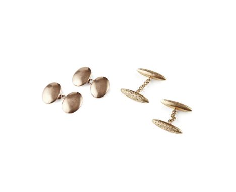 TWO PAIRS OF GENTLEMAN'S CUFFLINKSthe first composed of 18ct gold torpedo shaped terminals, with engraved scrolling detail an