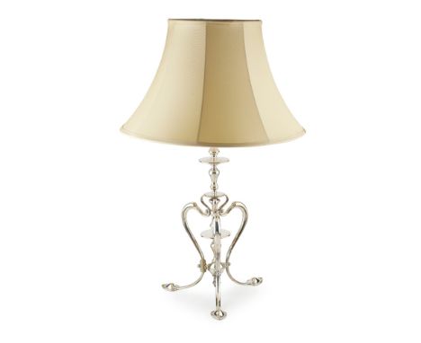 MANNER OF W.A.S. BENSON ARTS & CRAFTS SILVERED TABLE LAMP, CIRCA 1900with knopped and turned central support, and three scrol