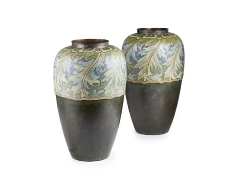 CLEMENT HEATON (1861-1940)PAIR OF ARTS & CRAFTS PATINATED COPPER AND CLOISONNÉ DECORATED VASES, CIRCA 1890 each decorated wit