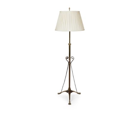 MANNER OF W.A.S. BENSON ARTS & CRAFTS BRASS AND COPPER EXTENDING STANDARD LAMP, CIRCA 1900the knopped column with three scrol