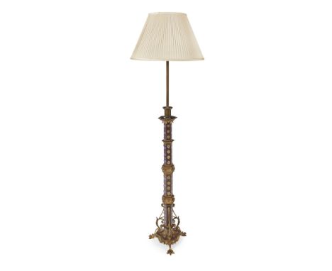 FRENCH SCHOOLGOTHIC REVIVAL BRASS AND CHAMPLEVÉ ENAMEL FLOOR LAMP, CIRCA 1880converted from a candlestick, the hexagonal drip