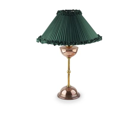 W.A.S. BENSON (1854-1924) ARTS & CRAFTS COPPER AND BRASS TABLE LAMP, CIRCA 1900with hemispherical reservoir above reeded colu