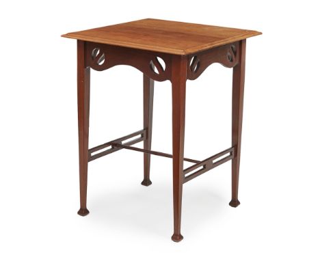 ENGLISH SCHOOLART NOUVEAU WALNUT SIDE TABLE, CIRCA 1910the square top with moulded edge above a pierced and shaped apron on s