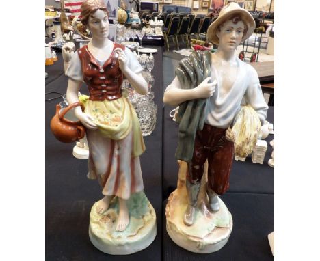Pair of Royal Dux ceramic figurines of Country boy and girl, H: 52 cm 
