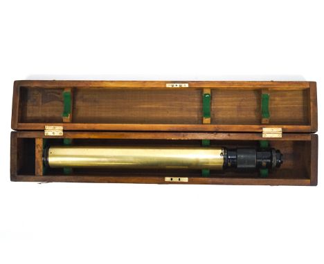 An Army Artillery brass gun sight, in brass furnished mahogany case, overall 83cm wide