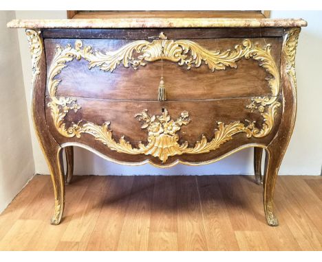 An oak 18th century French style bow front bombe commode with applied carved wood and gesso gilt Rococo scroll, floral and sh